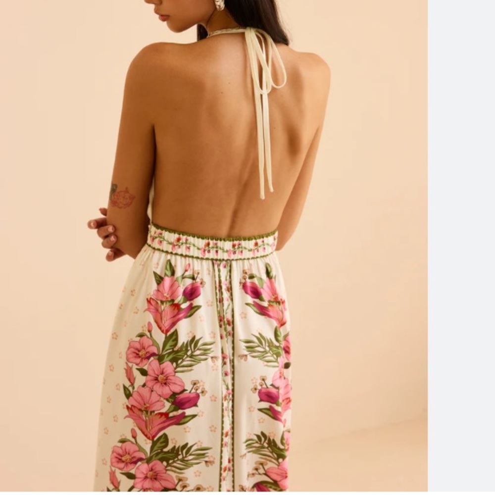 COMMENSE Pink Green Floral Print Halter Open Back Maxi Dress NWT - Picture 12 of 16
